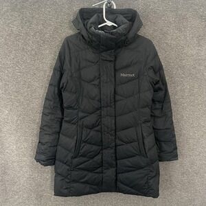 Marmot Down Puffer Coat Womens Small Black 700 Fill Hooded Long Parka Warm